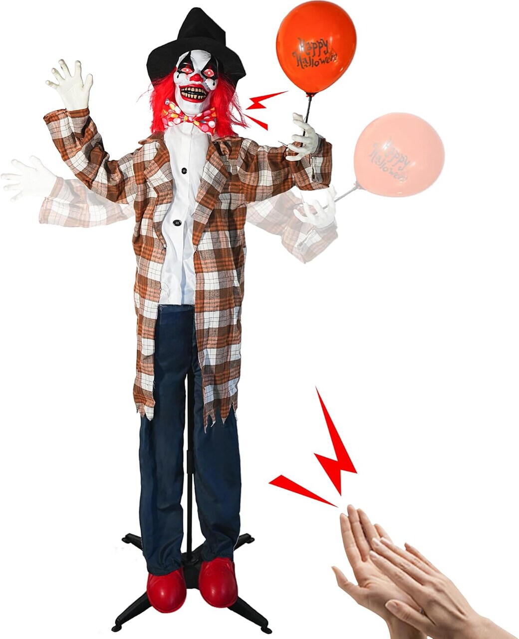 6FT Halloween Animatronics Clown Decorations, Sound Activated Standing Animated Talking Clown Holding Balloon Light Up Eyes for Indoor Outdoor Creepy Party Prop Yard Decor